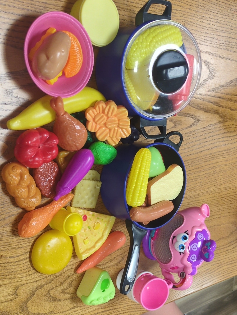 Kids Play Food Set with Pots - Pink, Yellow, Blue